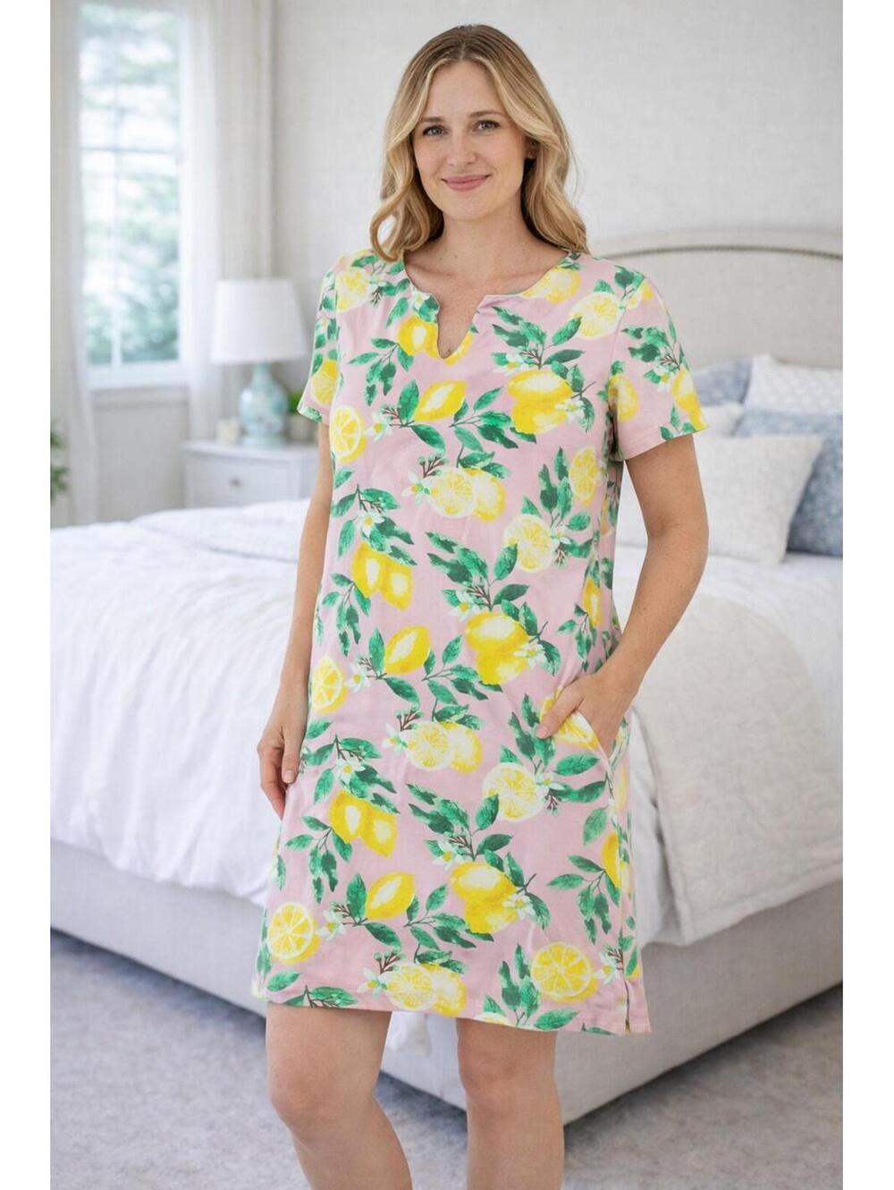 Stan Herman Women's Cottagecore Sleepshirt/Lounge Lemon Print Dress Size Medium